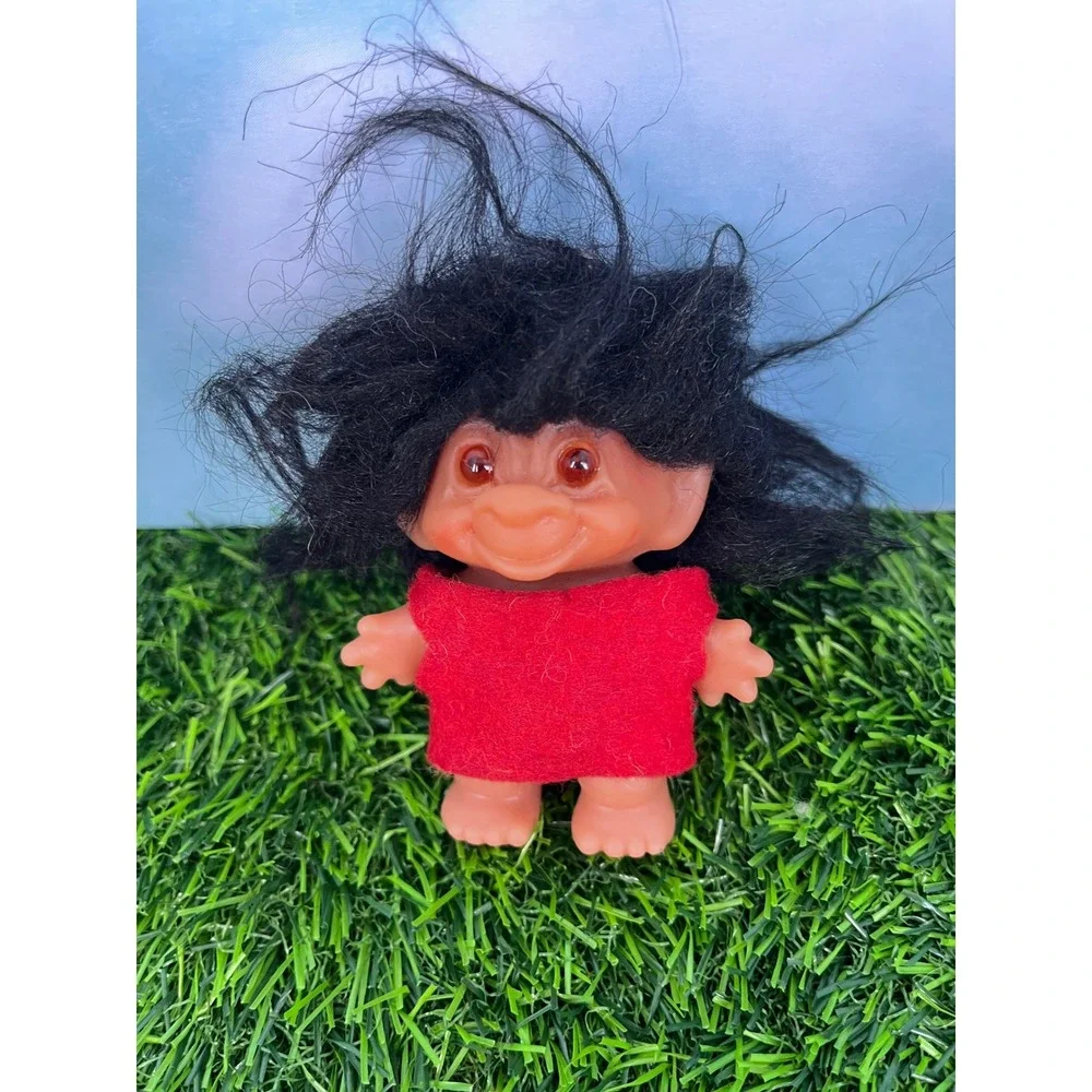 Vintage Thomas Dam Troll Doll Black Hair Amber Eyes Felt Outfit Lucky Toy 3 Inch